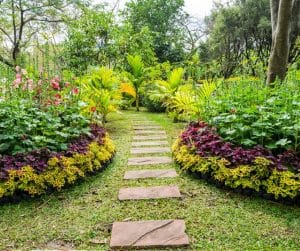 jardín con arreates de flores y camino